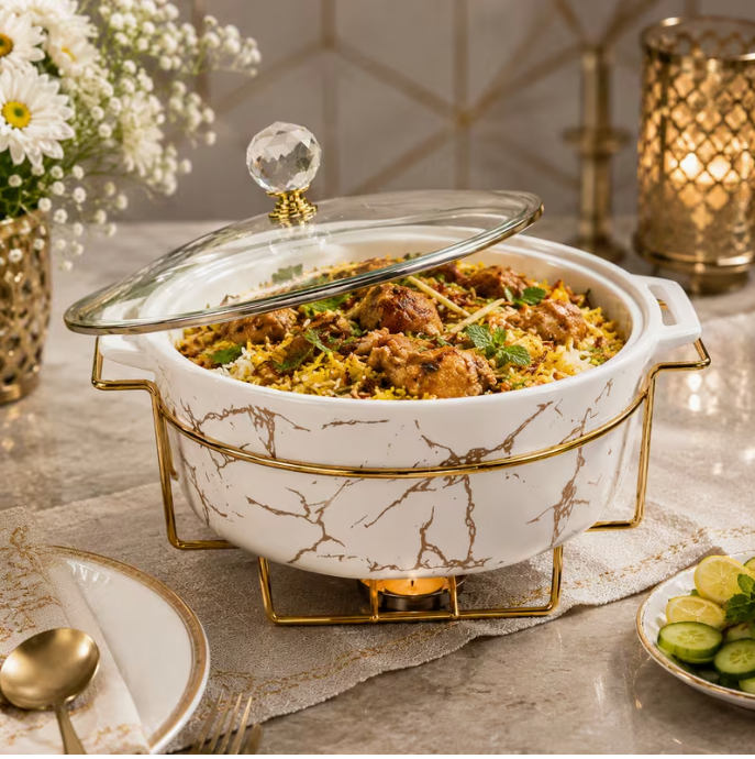 1 Piece Round 2L Ceramic Marble Chafing Dish Food Warmer with Stand – Buffet Serving Dish for Parties & Catering
