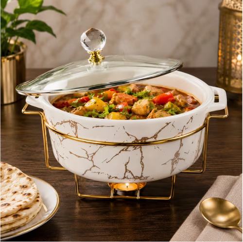 1 Piece Round 2L Ceramic Marble Chafing Dish Food Warmer with Stand – Buffet Serving Dish for Parties & Catering