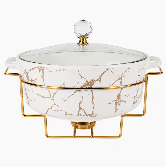 1 Piece Round 2L Ceramic Marble Chafing Dish Food Warmer with Stand – Buffet Serving Dish for Parties & Catering