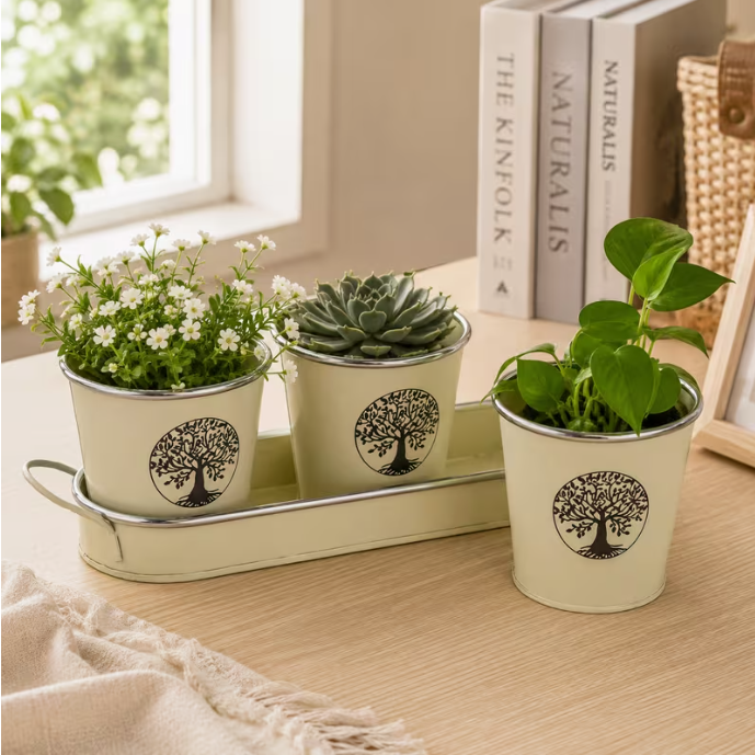 SANCTUARY Tree of Life Indoor Plant Pots & Tray – Wood Brown Set of 3 Decorative Ceramic Planters