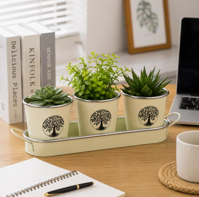 SANCTUARY Tree of Life Indoor Plant Pots & Tray – Wood Brown Set of 3 Decorative Ceramic Planters
