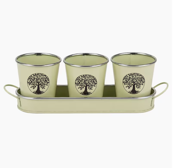 SANCTUARY Tree of Life Indoor Plant Pots & Tray – Wood Brown Set of 3 Decorative Ceramic Planters