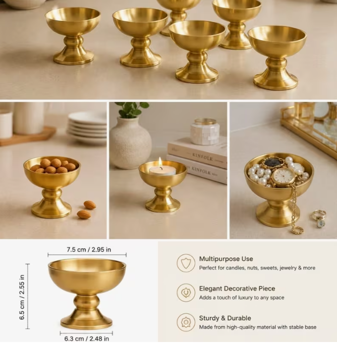 Set of 6 Gold Dessert Bowls with Pedestal Base – Luxury Ice Cream, Pudding & Serving Cups