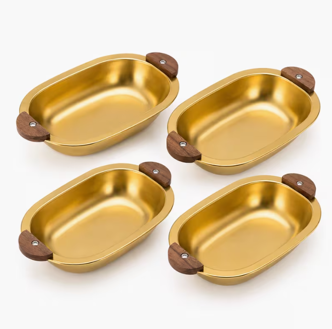 Set of 4 Luxury Gold Stainless Steel Serving Dishes with Wooden Handles – Oven to Table Baking & Serving Trays