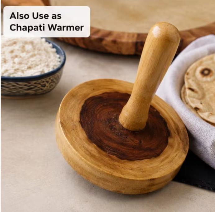 Set of 2 Wooden Roti Pressers – Traditional Chapati Dough Press & Bread Flattening Tool (8.7Cm)