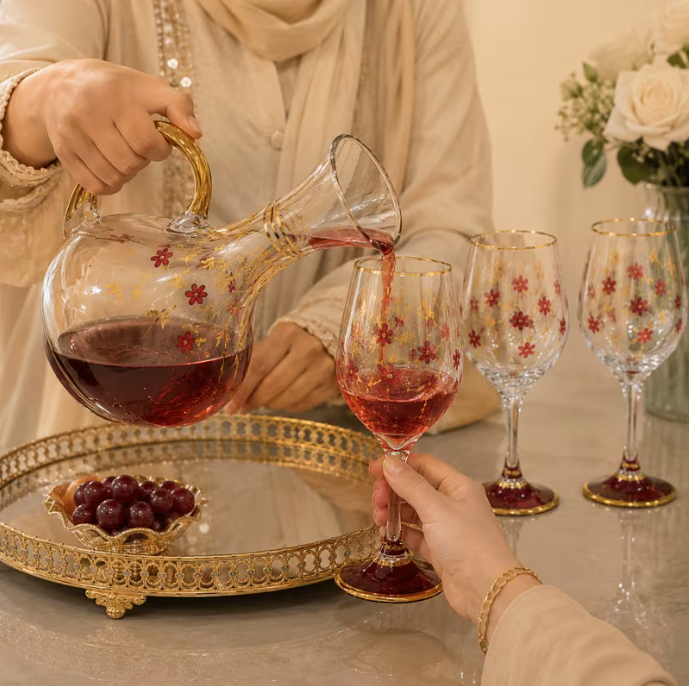 7-Piece Glass Wine Decanter Set – Floral Crystal Carafe with 6 Stemmed Goblets – Luxury Red & Gold Glass Drinkware Set