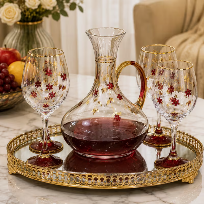 7-Piece Glass Wine Decanter Set – Floral Crystal Carafe with 6 Stemmed Goblets – Luxury Red & Gold Glass Drinkware Set