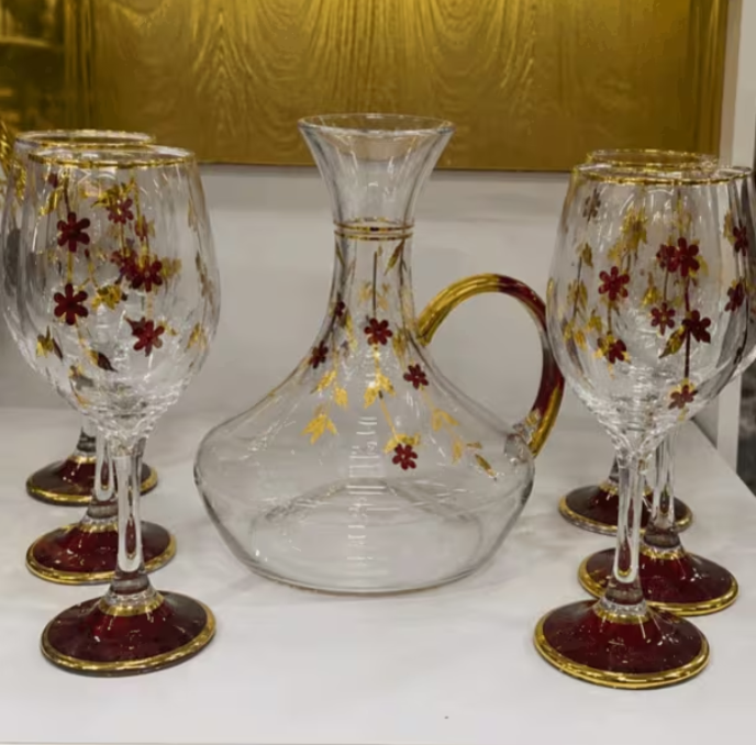 7-Piece Glass Wine Decanter Set – Floral Crystal Carafe with 6 Stemmed Goblets – Luxury Red & Gold Glass Drinkware Set