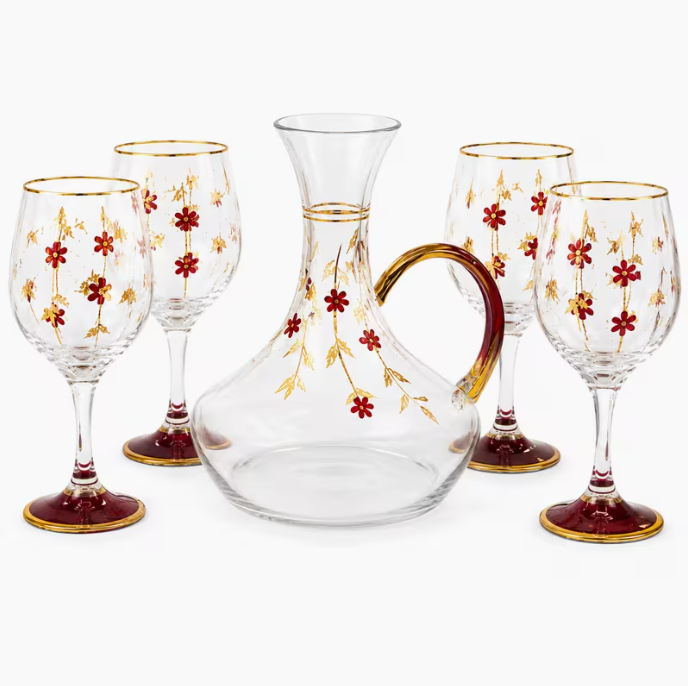 7-Piece Glass Wine Decanter Set – Floral Crystal Carafe with 6 Stemmed Goblets – Luxury Red & Gold Glass Drinkware Set