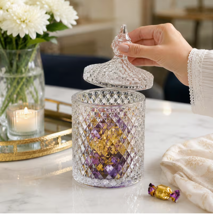 400ml Clear glass Storage Jar with Lid Set of 3, Diamond Pattern glass Storage Container