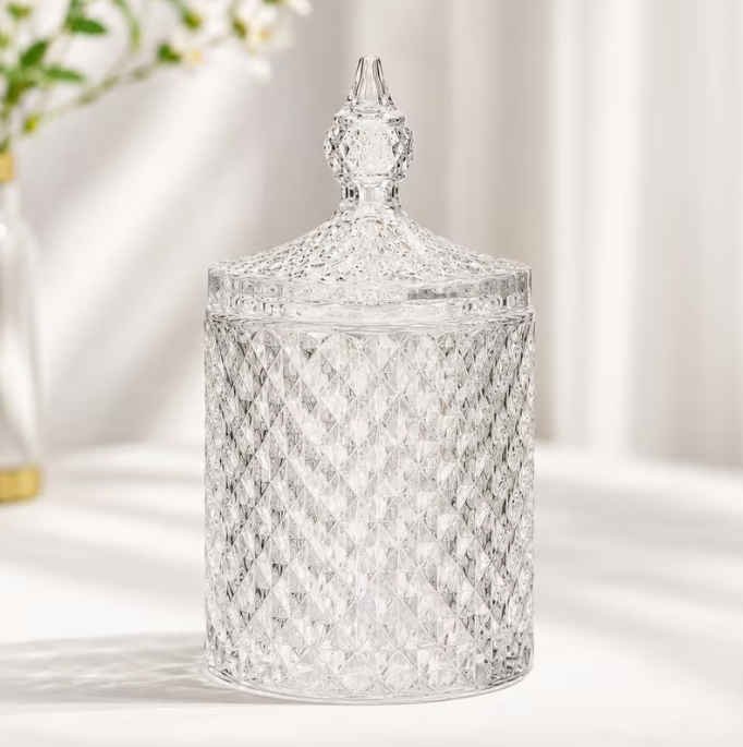 400ML Set of 4 Clear Acrylic Storage Jar Set with Decorative Lids, Diamond-Cut Candy Jars for Kitchen, Bathroom, Dressing Table, Sweets, Tea Bags