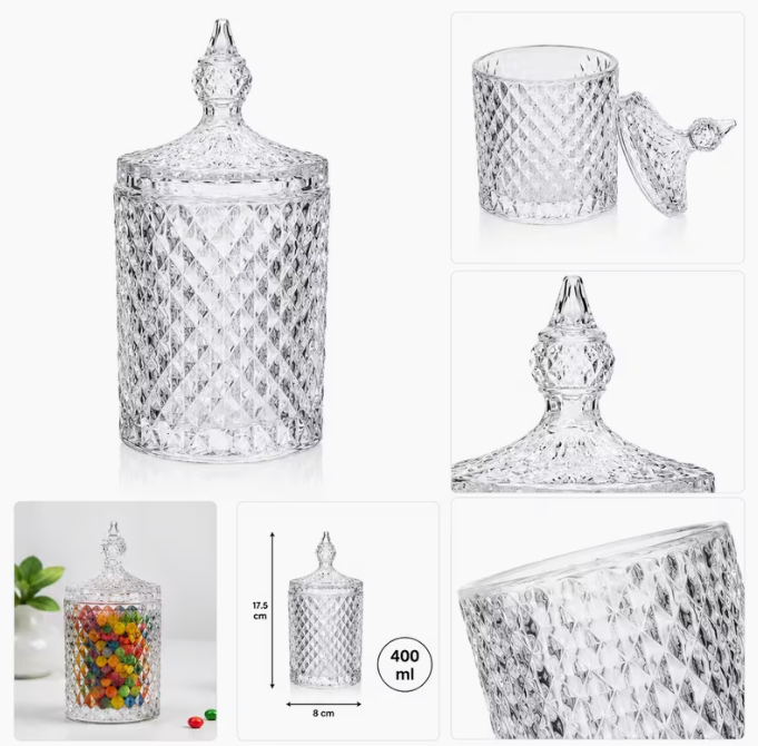 400ML Set of 4 Clear Acrylic Storage Jar Set with Decorative Lids, Diamond-Cut Candy Jars for Kitchen, Bathroom, Dressing Table, Sweets, Tea Bags