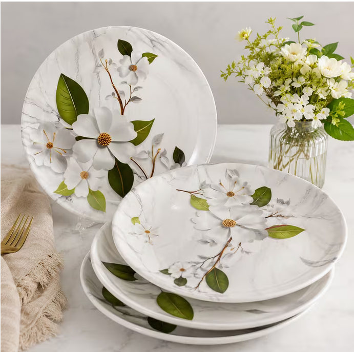 Set of 4 Melamine Dinner Plates 26cm Botanical Floral Design Dishwasher Safe Lightweight Tableware