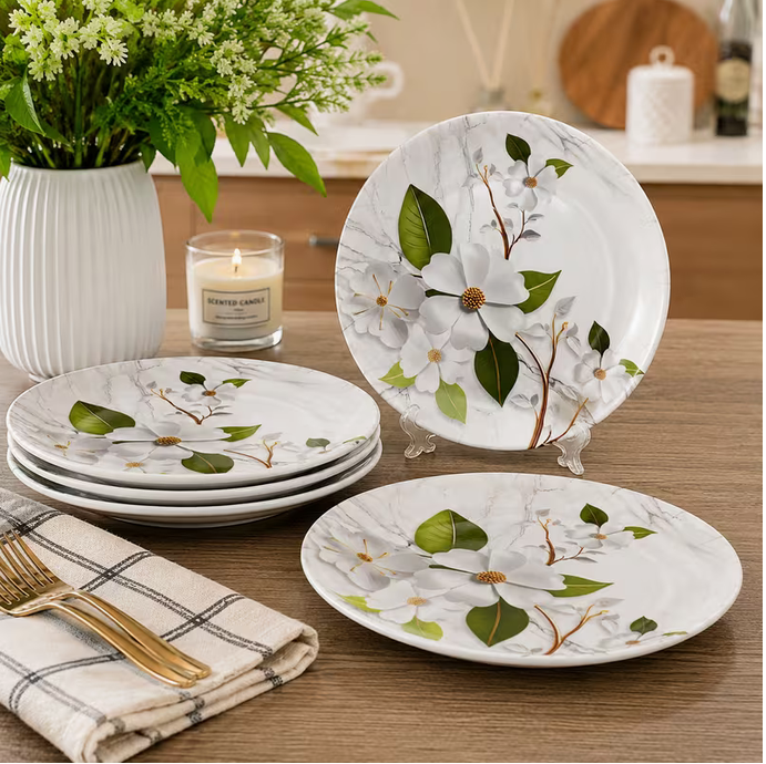 Set of 4 Melamine Dinner Plates 26cm Botanical Floral Design Dishwasher Safe Lightweight Tableware