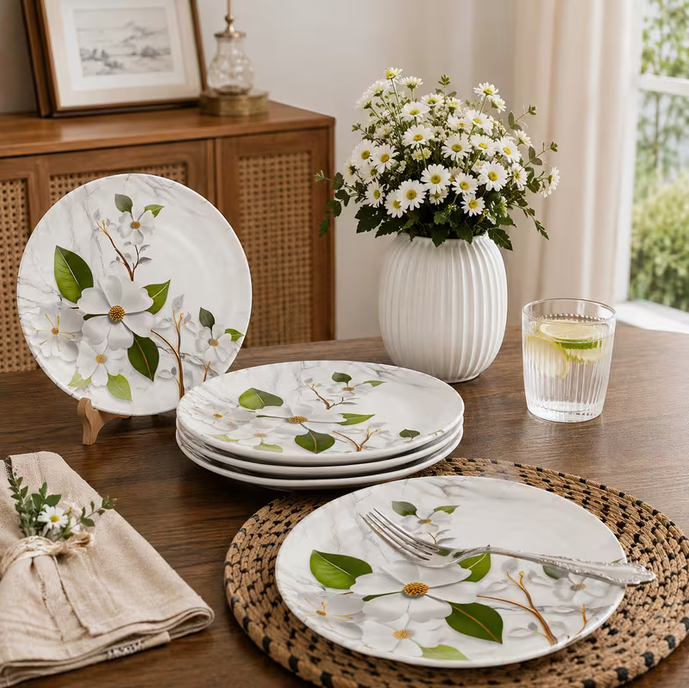 Set of 4 Melamine Dinner Plates 26cm Botanical Floral Design Dishwasher Safe Lightweight Tableware