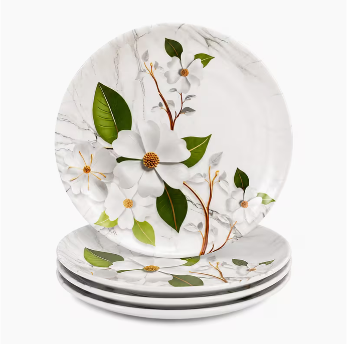 Set of 4 Melamine Dinner Plates 26cm Botanical Floral Design Dishwasher Safe Lightweight Tableware