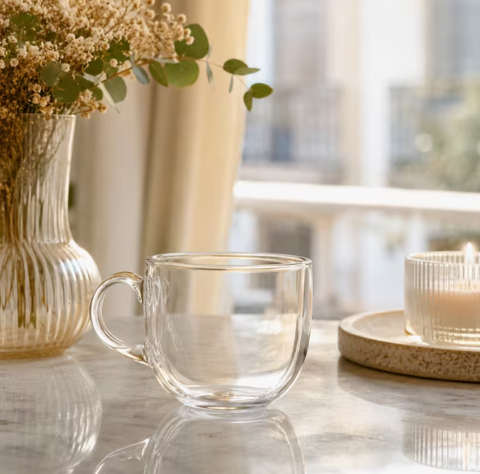 450ml Glass Tea & Coffee Cups Set of 6 – Clear Large Drinking Mugs with Handles for Tea, Coffee, Latte, Juice & Cold Drinks