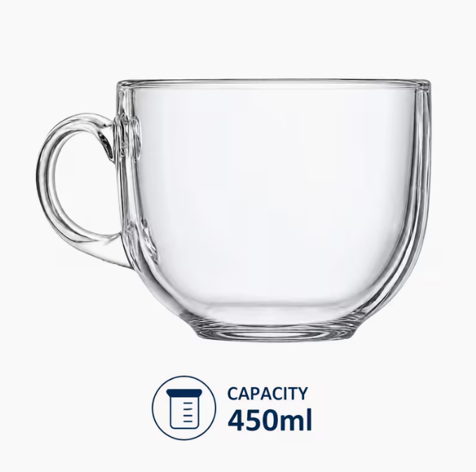 450ml Glass Tea & Coffee Cups Set of 6 – Clear Large Drinking Mugs with Handles for Tea, Coffee, Latte, Juice & Cold Drinks