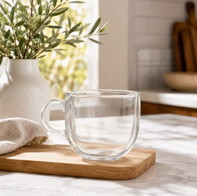 450ml Glass Tea & Coffee Cups Set of 6 – Clear Large Drinking Mugs with Handles for Tea, Coffee, Latte, Juice & Cold Drinks