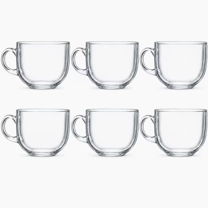 450ml Glass Tea & Coffee Cups Set of 6 – Clear Large Drinking Mugs with Handles for Tea, Coffee, Latte, Juice & Cold Drinks