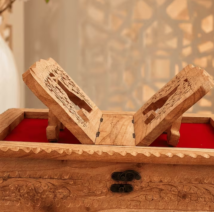 1x Foldable Wooden Holy Book Stand with Decorative Storage Case