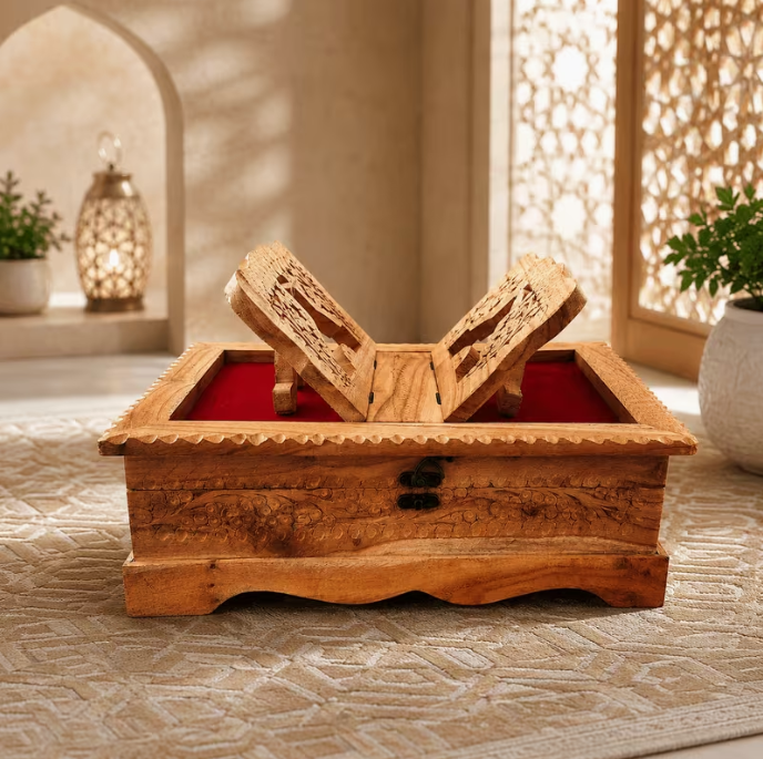 1x Foldable Wooden Holy Book Stand with Decorative Storage Case