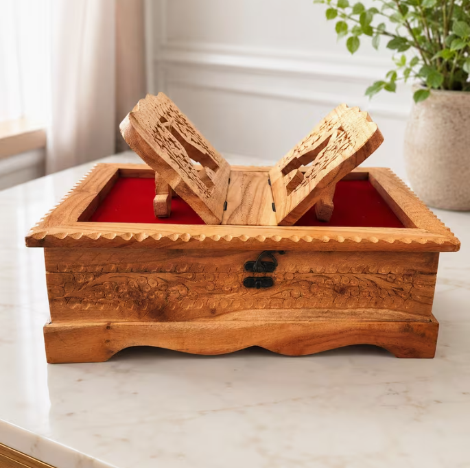 1x Foldable Wooden Holy Book Stand with Decorative Storage Case