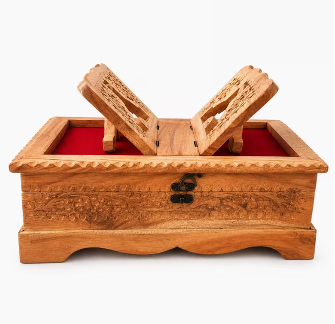 1x Foldable Wooden Holy Book Stand with Decorative Storage Case