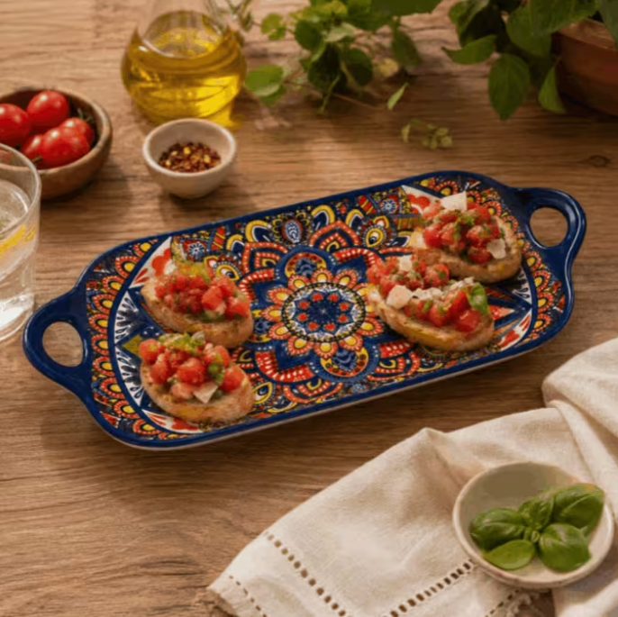 Set of 6 Mandala Serving Dishes with Handles – Decorative Rectangular Melamine Serving Trays for Kitchen, Dining, Buffet & Party Platter