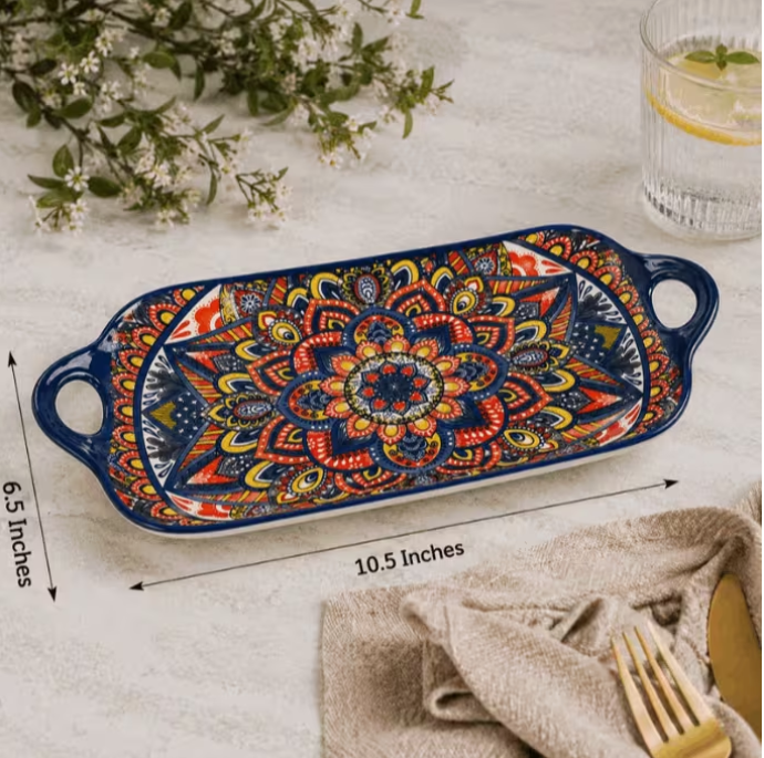 Set of 6 Mandala Serving Dishes with Handles – Decorative Rectangular Melamine Serving Trays for Kitchen, Dining, Buffet & Party Platter