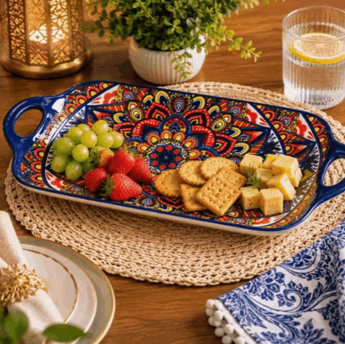 Set of 6 Mandala Serving Dishes with Handles – Decorative Rectangular Melamine Serving Trays for Kitchen, Dining, Buffet & Party Platter