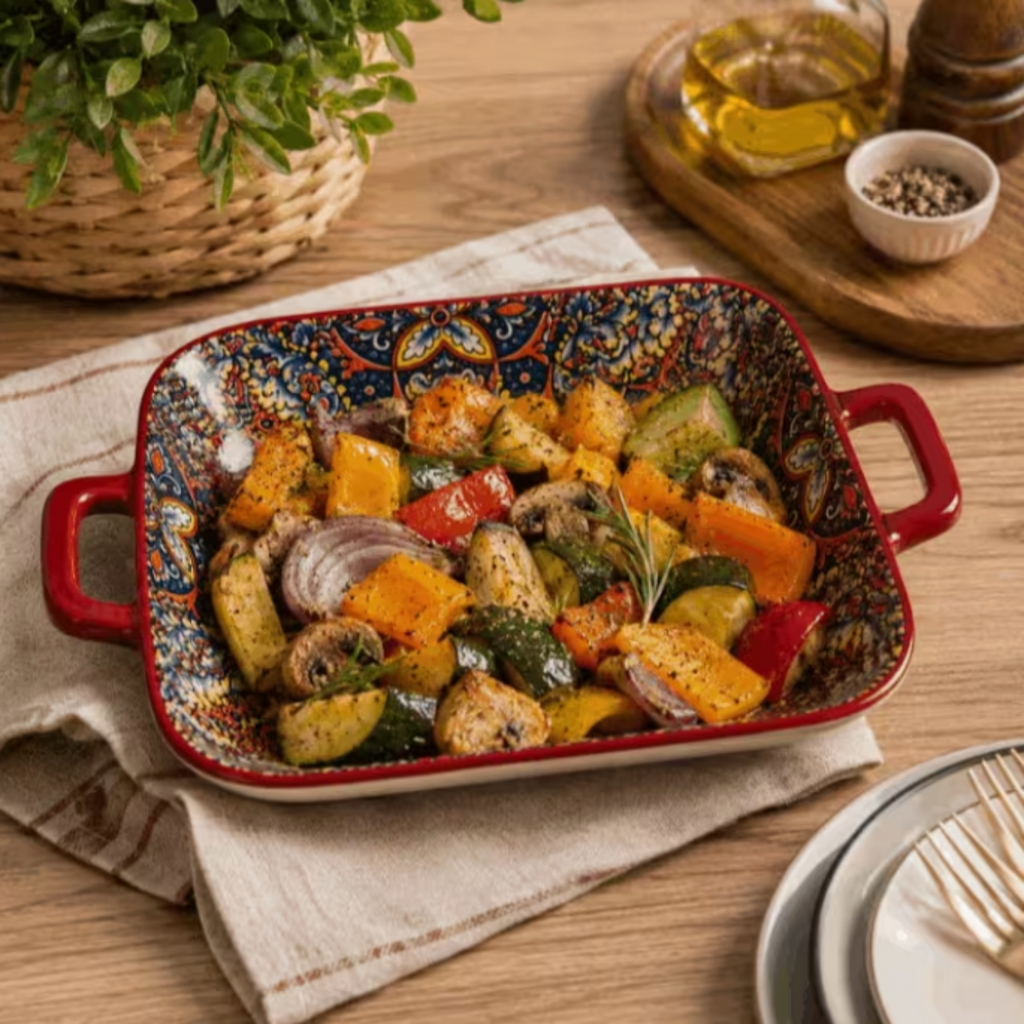 Set of 6 Large Rectangular Ceramic Serving Dishes with Handles – Colorful Pattern Baking, Roasting & Serving Trays for Kitchen, Dining & Buffet