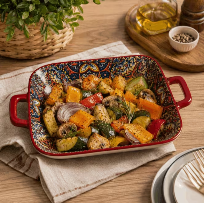 Set of 6 Large Rectangular Ceramic Serving Dishes with Handles – Colorful Pattern Baking, Roasting & Serving Trays for Kitchen, Dining & Buffet