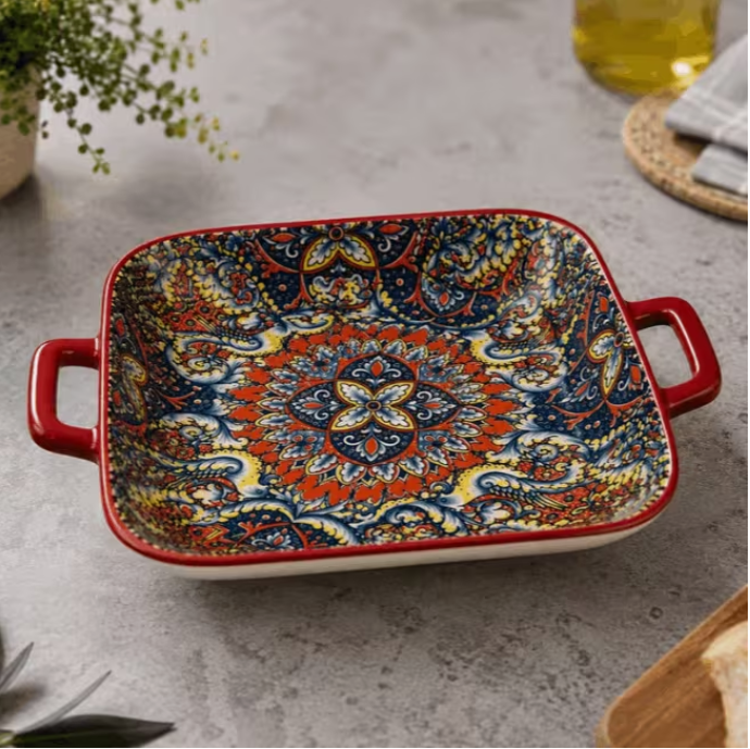 Set of 6 Large Rectangular Ceramic Serving Dishes with Handles – Colorful Pattern Baking, Roasting & Serving Trays for Kitchen, Dining & Buffet
