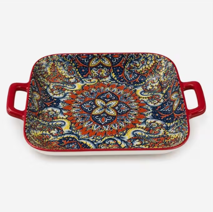 Set of 6 Large Rectangular Ceramic Serving Dishes with Handles – Colorful Pattern Baking, Roasting & Serving Trays for Kitchen, Dining & Buffet