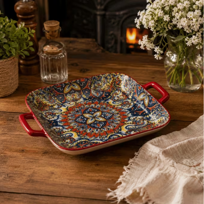 Set of 6 Large Rectangular Ceramic Serving Dishes with Handles – Colorful Pattern Baking, Roasting & Serving Trays for Kitchen, Dining & Buffet