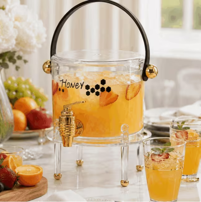 Clear Glass Drink Dispenser with Gold Tap & Metal Stand, Approx. 3L Beverage Server for Juice, Water, Lemonade, Iced Tea, Parties & Events