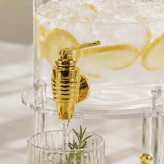Clear Glass Drink Dispenser with Gold Tap & Metal Stand, Approx. 3L Beverage Server for Juice, Water, Lemonade, Iced Tea, Parties & Events