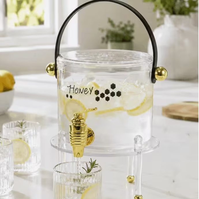 Clear Glass Drink Dispenser with Gold Tap & Metal Stand, Approx. 3L Beverage Server for Juice, Water, Lemonade, Iced Tea, Parties & Events