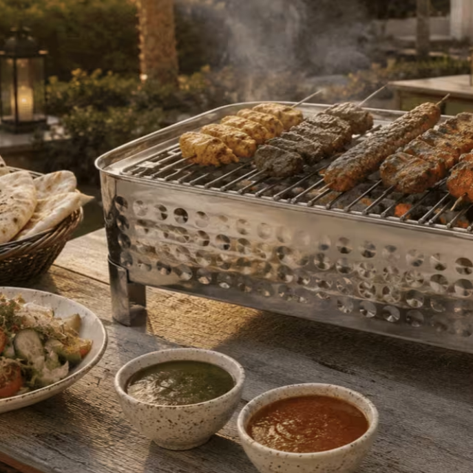 Luxury Tabletop Charcoal BBQ Grill – Portable Metal Serving Angithi for Indoor & Outdoor BBQ Silver 15in