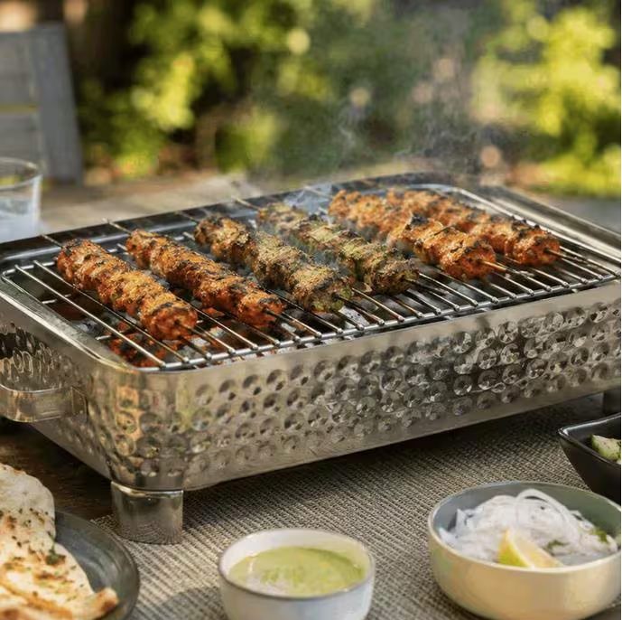 Luxury Tabletop Charcoal BBQ Grill – Portable Metal Serving Angithi for Indoor & Outdoor BBQ Silver 15in