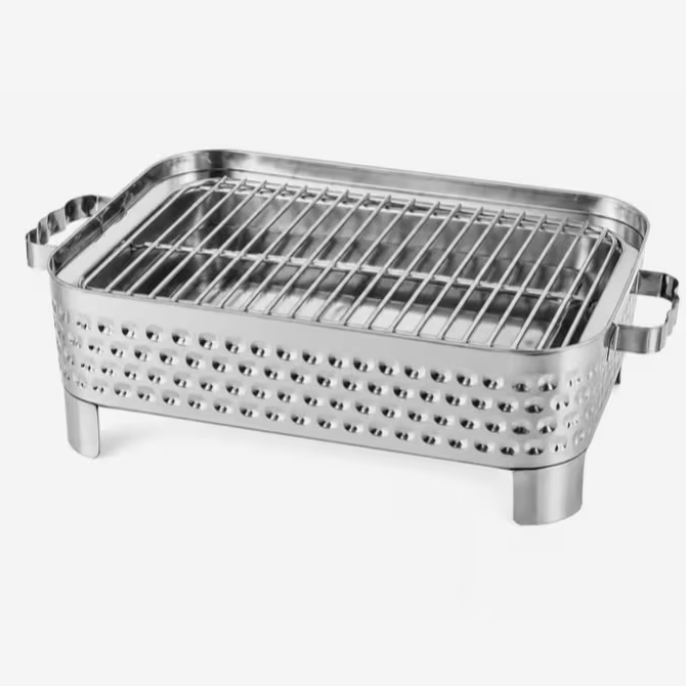 Luxury Tabletop Charcoal BBQ Grill – Portable Metal Serving Angithi for Indoor & Outdoor BBQ Silver 15in