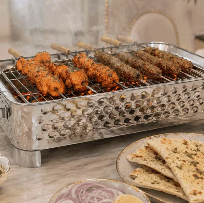 Luxury Tabletop Charcoal BBQ Grill – Portable Metal Serving Angithi for Indoor & Outdoor BBQ Silver 15in