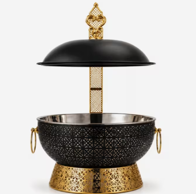 Luxury Buffet Chafing Dish with Lid – Gold & Black Metal Charcoal Angithi Food Warmer BBQ Serving Dish for Catering & Kitchen Decor