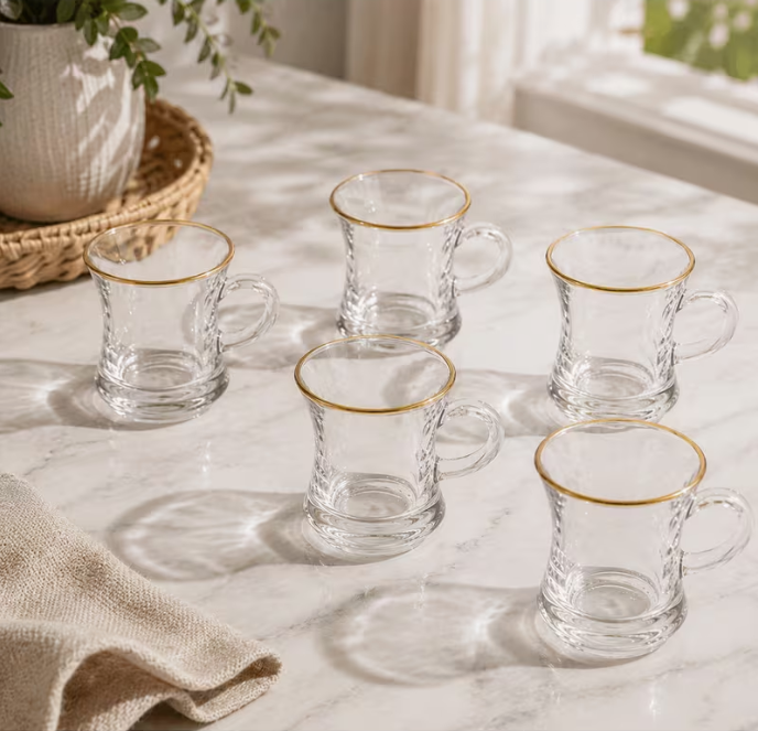 6pcs Turkish Kahwa Tea Coffee Cups 150ml – Clear Glass Cups with Gold Rim Elegant Arabic Chai Drinkware Set