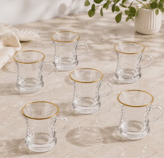6pcs Turkish Kahwa Tea Coffee Cups 150ml – Clear Glass Cups with Gold Rim Elegant Arabic Chai Drinkware Set
