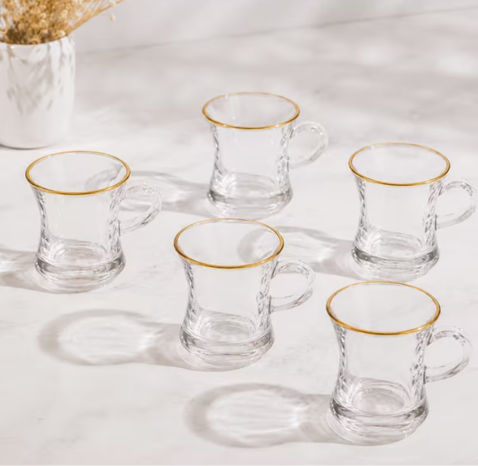 6pcs Turkish Kahwa Tea Coffee Cups 150ml – Clear Glass Cups with Gold Rim Elegant Arabic Chai Drinkware Set