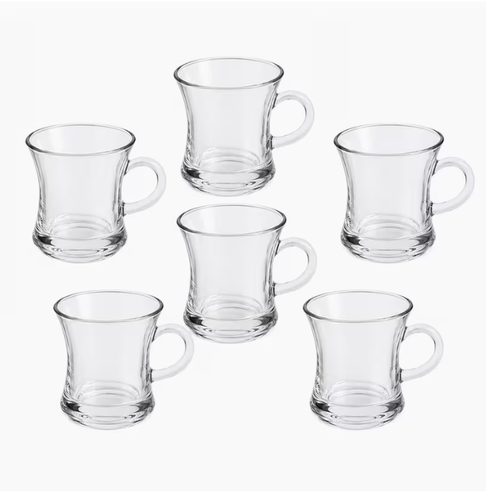 6pcs Turkish Kahwa Tea Coffee Cups 150ml – Clear Glass Cups with Gold Rim Elegant Arabic Chai Drinkware Set
