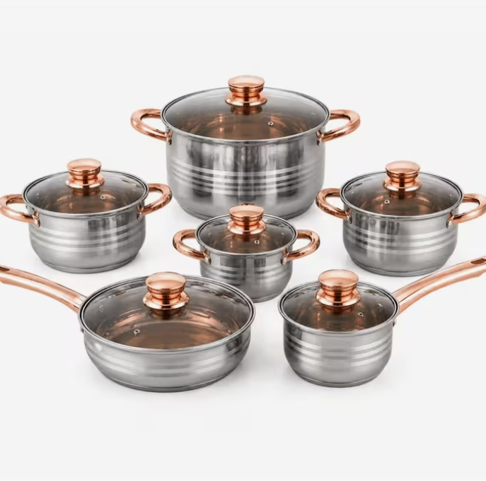 6PC Stainless Steel Cookware Set Pots & Pans Induction Compatible Rose Gold Handles Glass Lids Kitchen Set