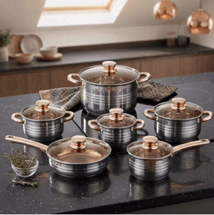 6PC Stainless Steel Cookware Set Pots & Pans Induction Compatible Rose Gold Handles Glass Lids Kitchen Set